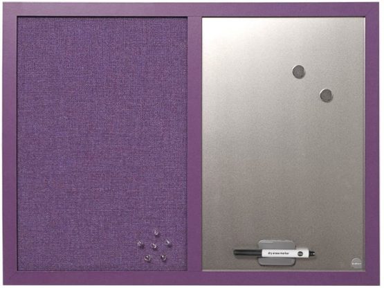 Bi-Office Combination Board Lavender, Silver Finish Magnetic Dry Erase / Purple Softtouch Notice Board, 60 x 45 cm
