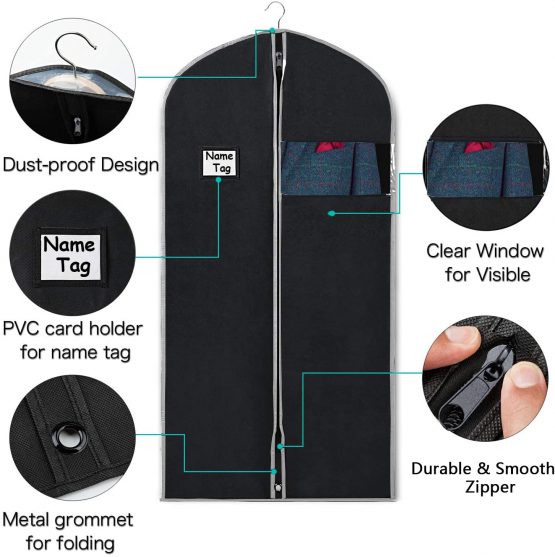 URMI Garment Bags, Breathable 40 inch (5 PCS) Suit Jacket Covers Clothes Bags for Storage with Clear Window Dust Proof Dress Bags Protector for Suit, Coat, Jacket, Dress Closet Storage Black - Image 3