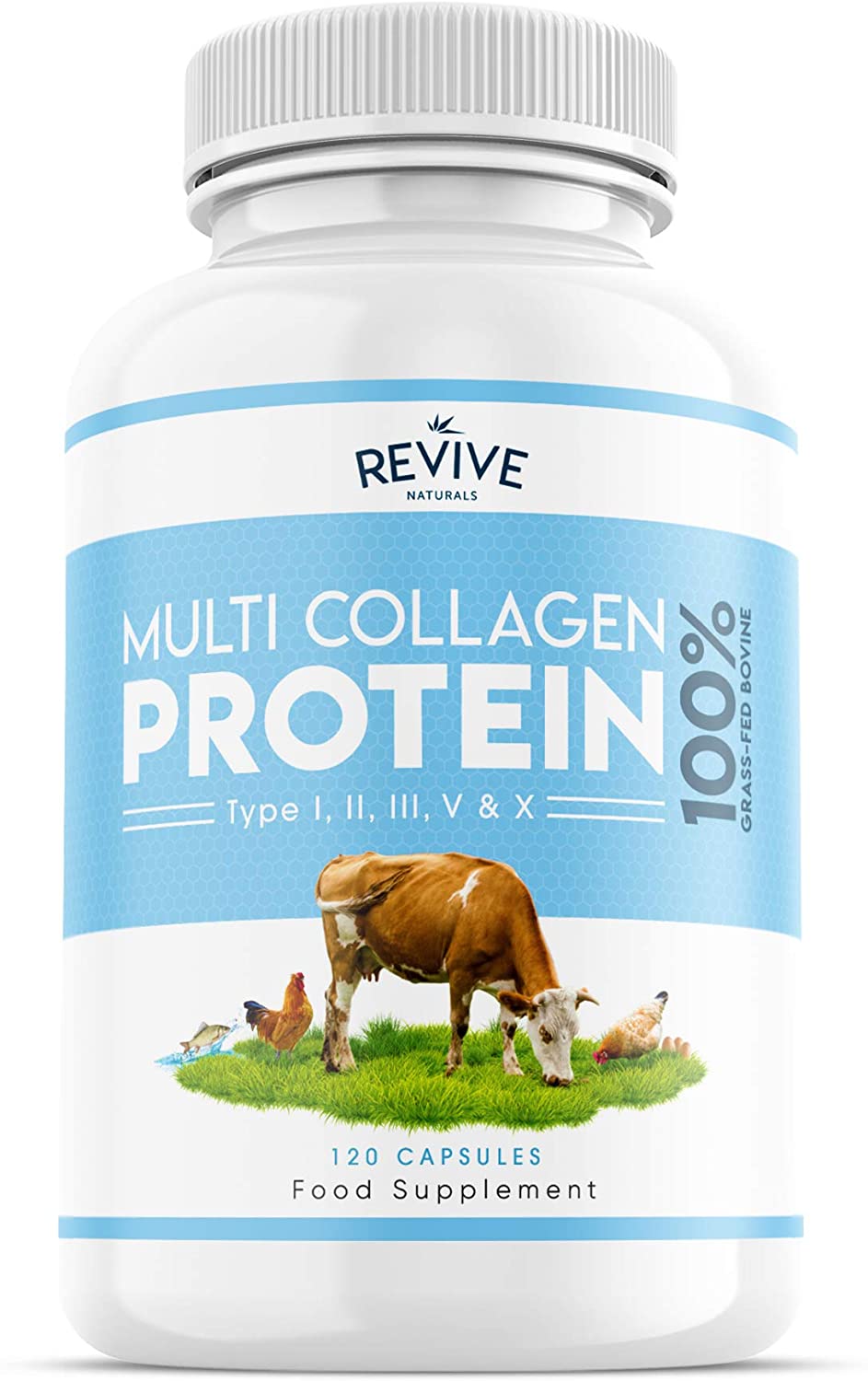 Multi Collagen Protein Capsules, 120 Count, Types I, II, III, V & X, Hydrolysed Grass Fed Bovine