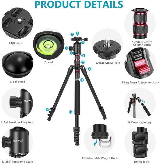 Neewer 77-Inch Tripod, Camera Tripod for DSLR, 2-in-1 Compact Aluminum Tripod Monopod with 360 Degree Ball Head, 2 Center Axis, QR Plate and 8 Kilograms Load for Travel and Work, Carry Bag Included - Image 2