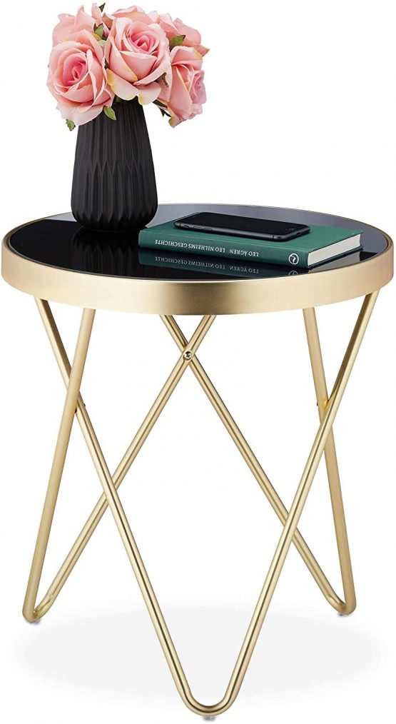 Relaxdays Round Side Table, Trendy Coffee Stand, Metal & Glass, Shiny, Retro Design, HxD: 46x42 cm, Gold, glass, steel, Black/Doado, Pack of 1