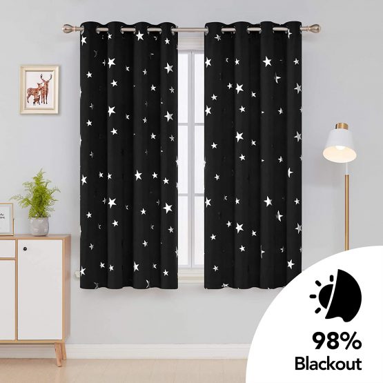 Deconovo Black Curtains Stars Foil Printed Thermal Insulated Curtains Eyelet Blackout Curtains for Bedroom 46 x 54 Inch Black 1 Pair - Image 2