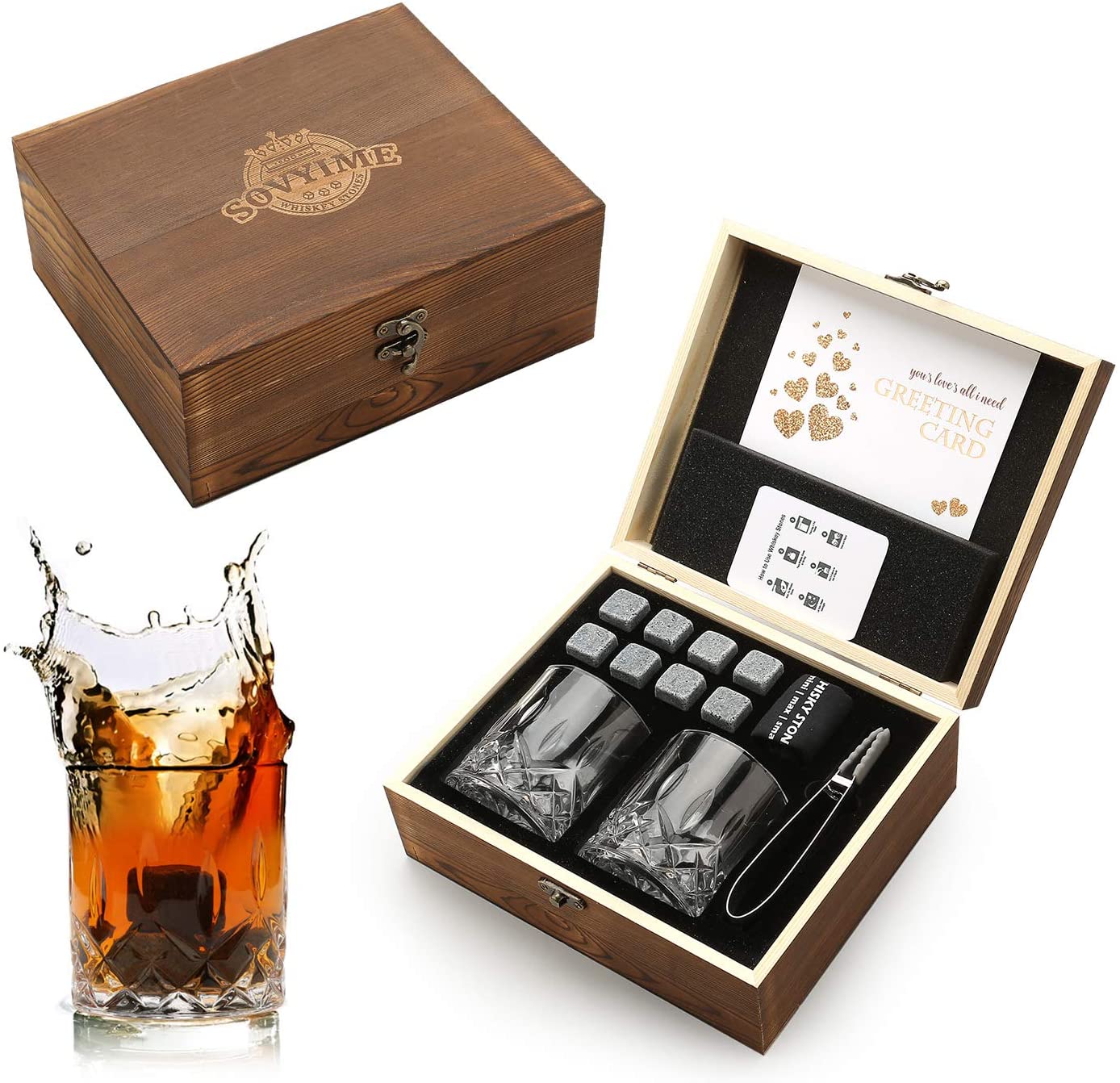 Whisky Stones Glasses Gift Set, 2 Scotch Glasses 8 Granite Chilling Rocks - Image 2