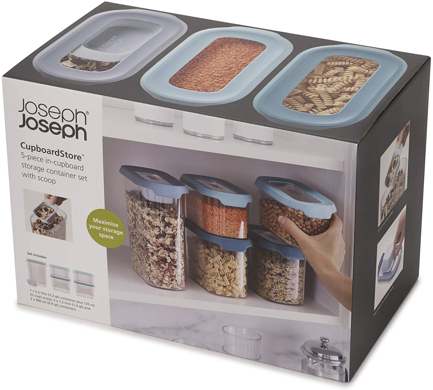 Joseph Joseph Cupboardstore Space Saving Kitchen Cupboard Airtight Food Storage Set, Set of 5 Plus Handy Scoop - Clear - Image 2