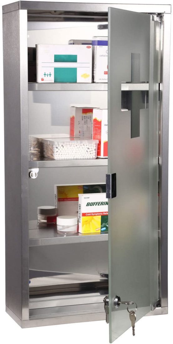 HOMCOM 4 Tier Stainless Steel Wall Mounted Medicine Cabinet Glass Lockable Door Storage Shelves Houseware Bathroom Furniture 60Hx30Wx12D(cm) w/2 Keys