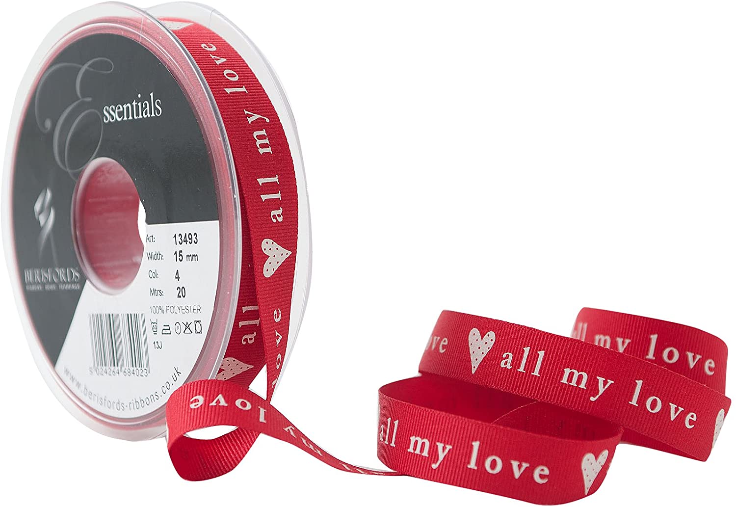 Berisfords 15mm All My Love Ribbon, Red and Ivory, Red/Ivory, 15mm x 20m