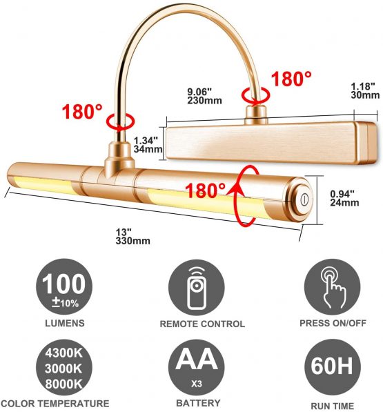BIGLIGHT Picture Wall Lights with Remote,Wireless Battery Operated LED Picture Lights,13 Inches Rotatable Light Head with 180 Degree Swing Arm Dimmable Display Lights for Dartboard Picture-Copper - Image 3