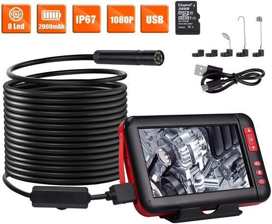 Neoteck Industrial Endoscope Inspection Camera HD 4.3 Inch 1080P LCD Monitor Screen 5m Waterproof Flexible Snake Camera with 32G Memory Card