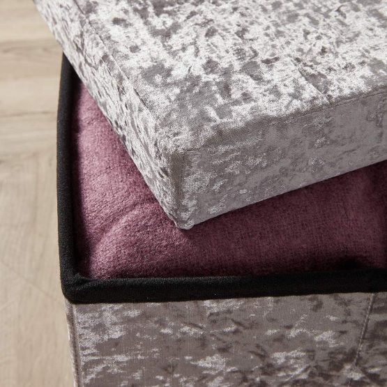 Home Source Folding Ottoman Velvet Fabric Storage Chest, Ice Silver, Square - Image 3