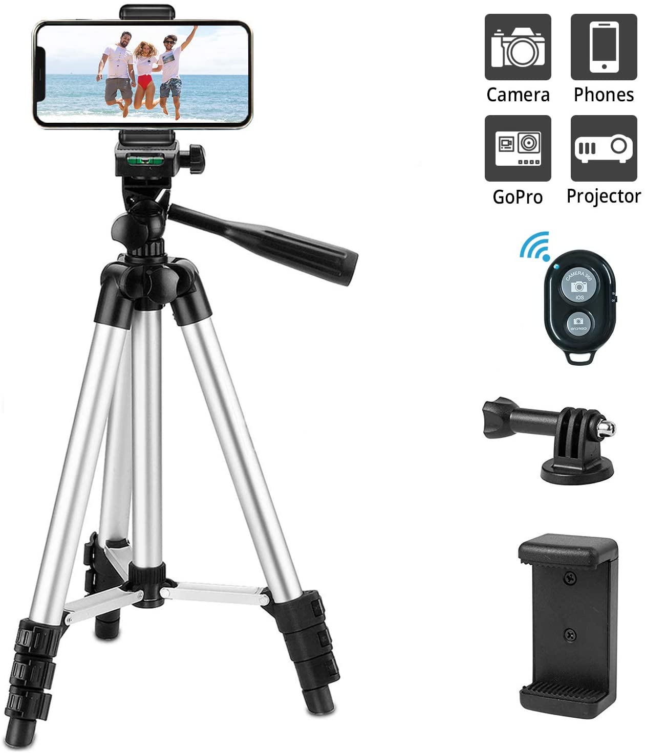 Phone Tripod,LINKCOOL 42" Aluminum Lightweight Portable Camera Tripod for iPhone/Samsung/Smartphone/Action Camera/DSLR Camera with Phone Holder & Wireless Bluetooth Control Remote (Silver)