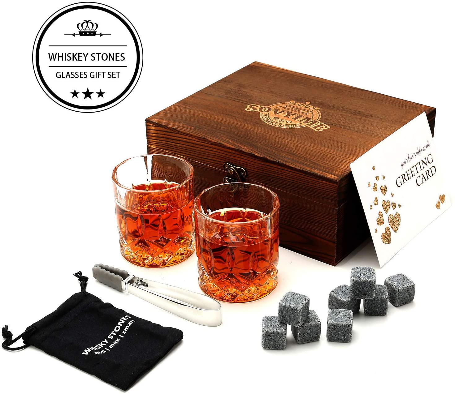 Whisky Stones Glasses Gift Set, 2 Scotch Glasses 8 Granite Chilling Rocks