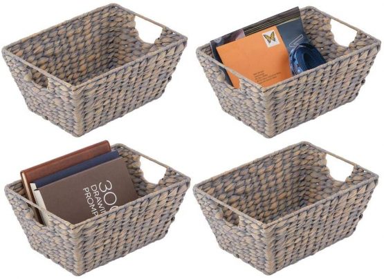 mDesign Set of 4 Wicker Storage Baskets with Handles – Storage Baskets for The Bedroom, Living Room, Bathroom or Hallway – Wicker Baskets for Household Items – Black