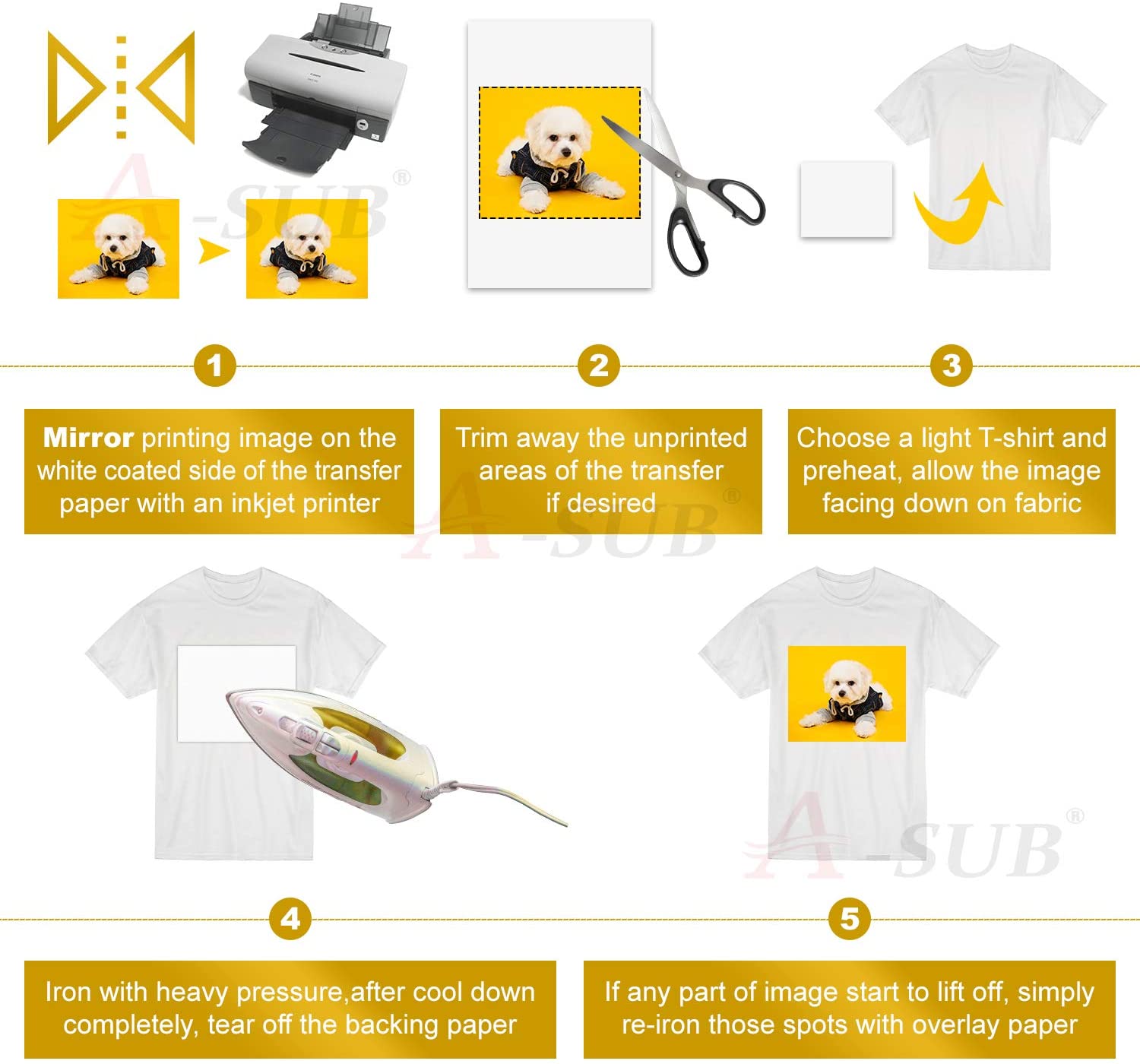 A-SUB Inkjet Iron On T Shirt Transfer Paper for Light Fabrics 10 Sheets A4 - Image 2