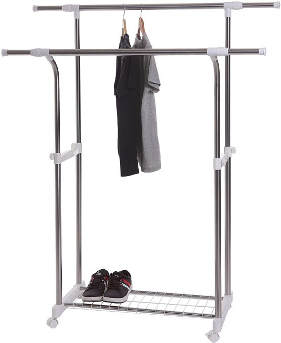Clothes Rail Heavy Duty Stainless Steel Double Rails Garment Rail Storage Clothes Rails For Bedroom Extendable Telescopic Coat Hanging Rack Shoe Storage Shelf - Image 2