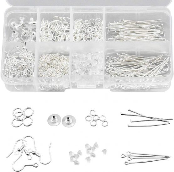 740 Pcs Earring Making Kits Silver Tone Jewelry Making Kit Jewelry Finding Starter Tools Kit with Earring Hooks Earring Backs Clasps Jump Rings Pins for Jewelry Making Repair DIY Craft Supplies