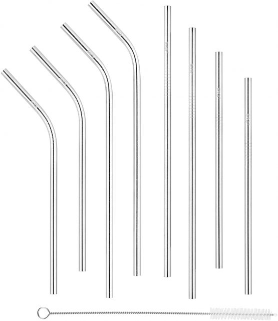 SHO Reusable Premium Stainless Steel 8 Set Metal Straws - 4 Bent, 4 Straight, 1 Cleaner, Multiple Sizes - 22.8cm (9"), 18.3cm (7.5"), 22.5cm (8.8"), 18cm (7.1") - Drinking Straw, Case Included