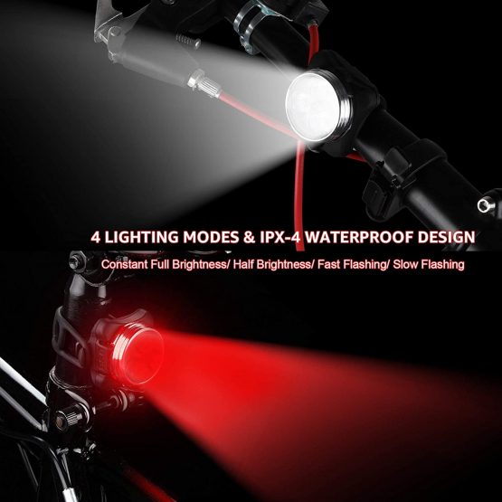 Defurhome Bike Light Set, Super Bright USB Rechargeable Bicycle Lights, 4 Brightness Modes Options Cycling Front Light & Rear Light, Waterproof Mountain Road Bike Lights(2 Cables, 4 Straps) - Image 2