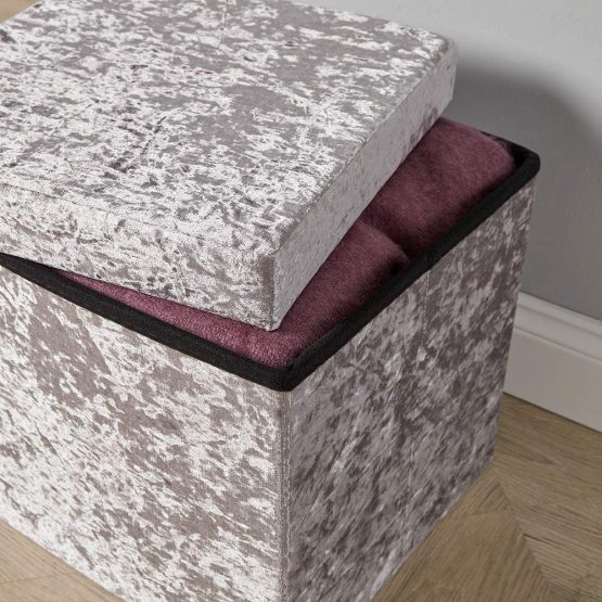 Home Source Folding Ottoman Velvet Fabric Storage Chest, Ice Silver, Square - Image 2