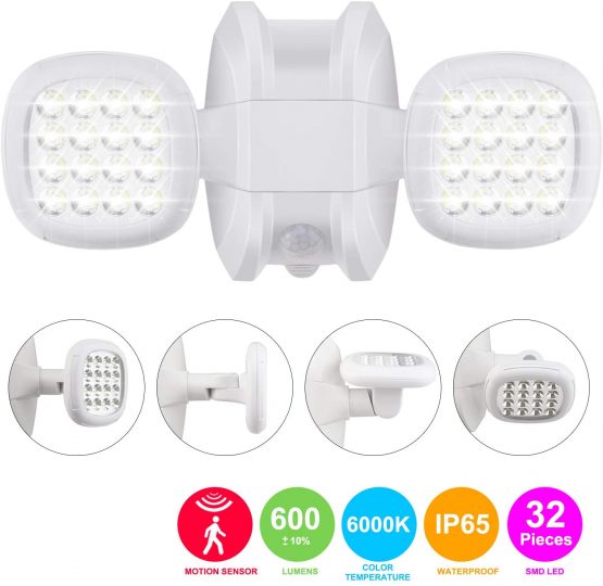HONWELL Battery Operated Outdoor Lights, Wireless Security Lights with Motion Sensor, Waterproof Outside Flood Lights for Garden, Yard, Garage, 600LM, 6000K Daylight White, White