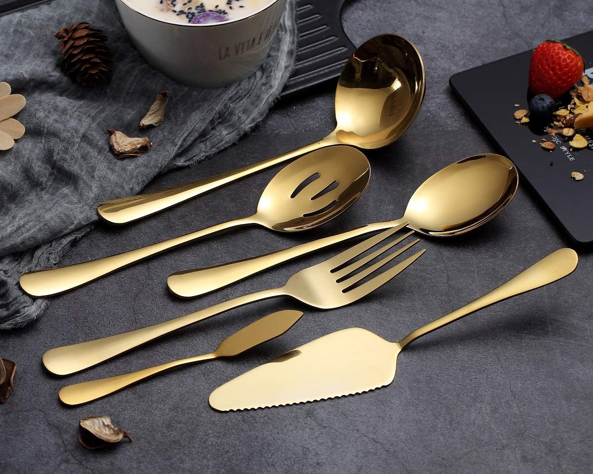 HOMQUEN 6-Piece Gold Serving Cutlery Silverware Set,Stainless Steel Serving Utensil Set,Include Cake Server - Image 4