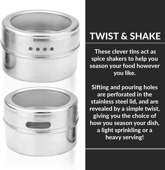 Magnetic Spice Tins - Set of 12 | Labels Included | Stainless Steel Spice Jars | Herb Pots | Seasoning Shakers | Spice Containers with Lid | M&W - Image 3