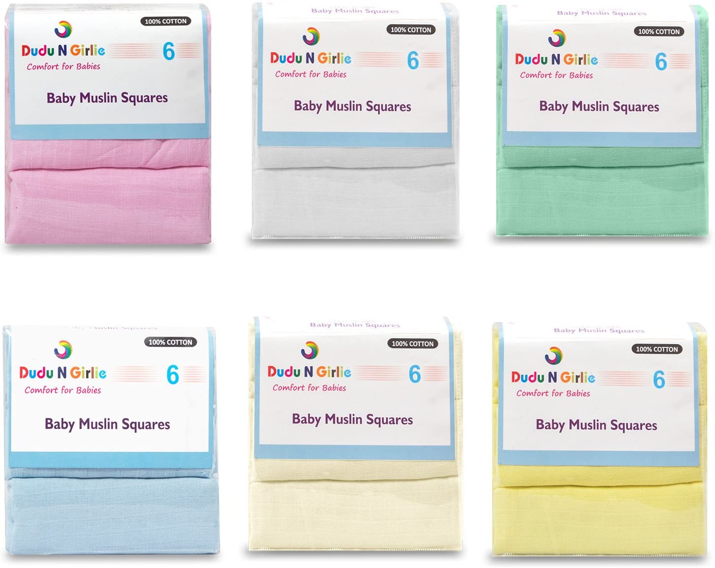 Dudu N Girlie 100 Percent Cotton Baby Muslin Squares, 72 cm x 72 cm, 6-Piece, Cream/Yellow, 72 x 72 cm