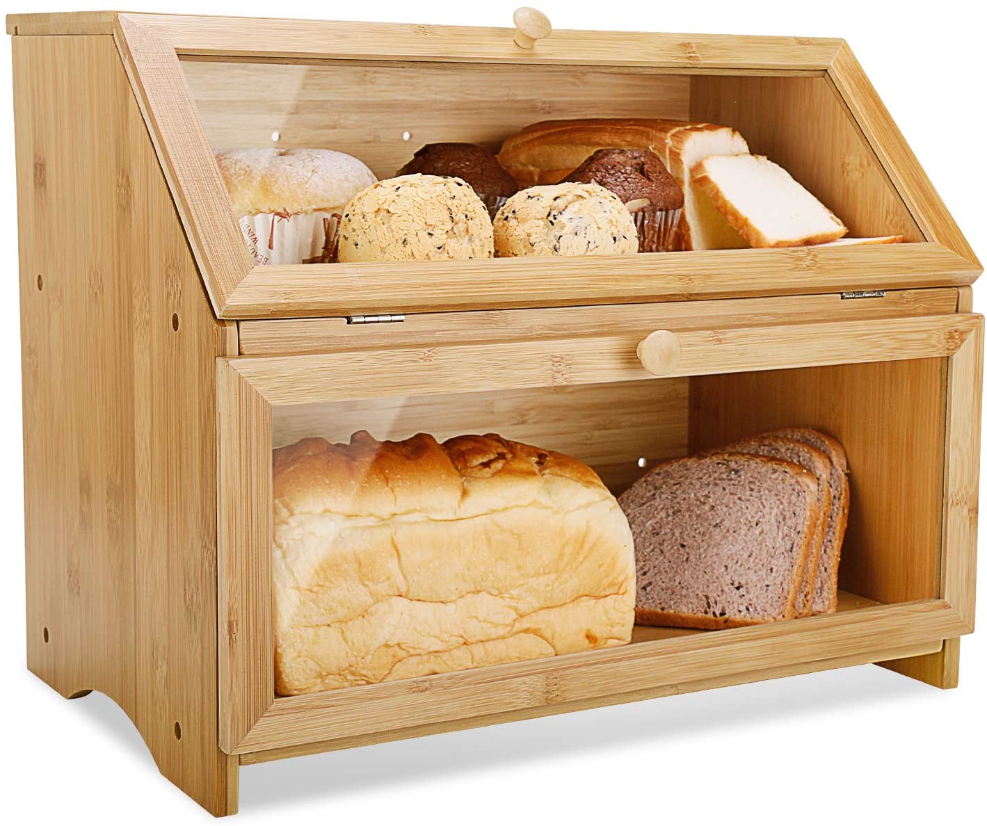 Leader Accessories Double Decker Bamboo Bread Bin 2-Layer Bread Box Large Capacity Bread Storage for Kitchen 15.3"x9.8"x12.6"