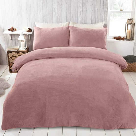 Brentfords Teddy Fleece Duvet Cover with Pillow Case Thermal Fluffy Warm Soft Bedding Set, Blush Pink - Double
