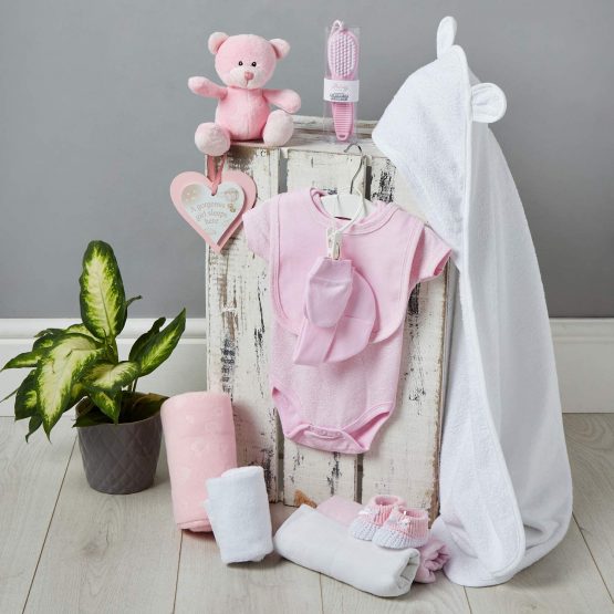 Baby Gift Set in Pink - with Fleece, Hooded Towel, Baby Clothes, 2 Muslin Cloths and Cute Pink Teddy Bear - Image 3