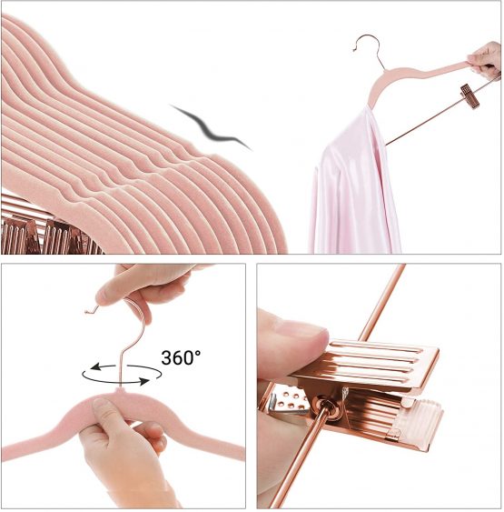 SONGMICS 24-Pack Velvet Coat Hangers, 42.5 cm Long Trousers Hangers with Rose Gold Coloured Movable Clips, Heavy-Duty, Non-Slip, Space-Saving, for Skirts, Dresses, Light Pink CRF14PK24 - Image 4