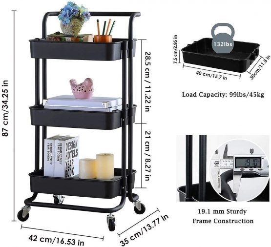 Storage Trolley Cart - 3 Tier Rolling Utility Organizer Rack, Craft Art Cart, Multi-Purpose Organizer Shelf, Tower Rack Serving Trolley for Office Bathroom Kitchen Kids’ Room Laundry Room, Black - Image 4