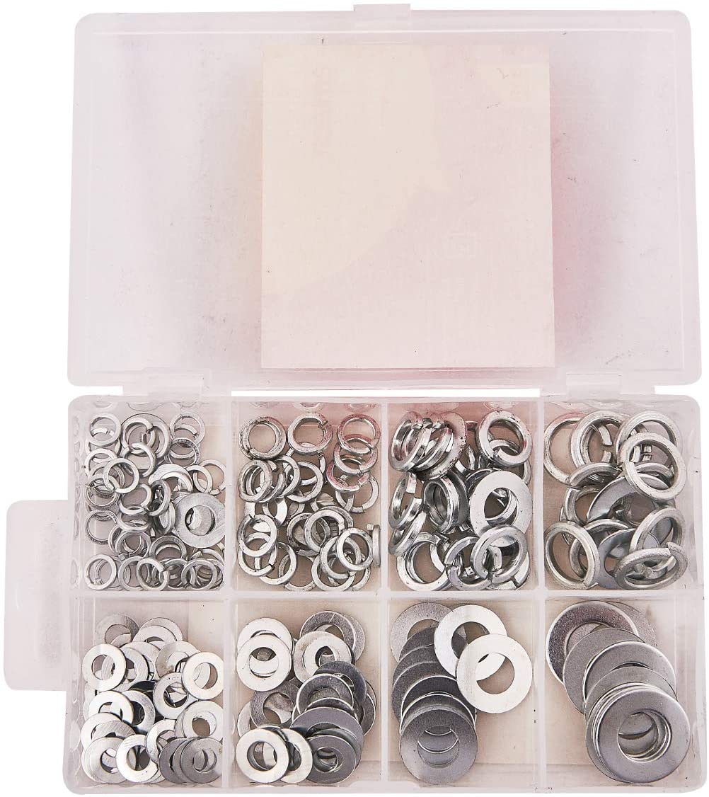 Amtech S5850 Assorted Washers, 200 Pieces Include Flat Washers and Lock Washers, M5, M6, M8, M10, plus Storage
