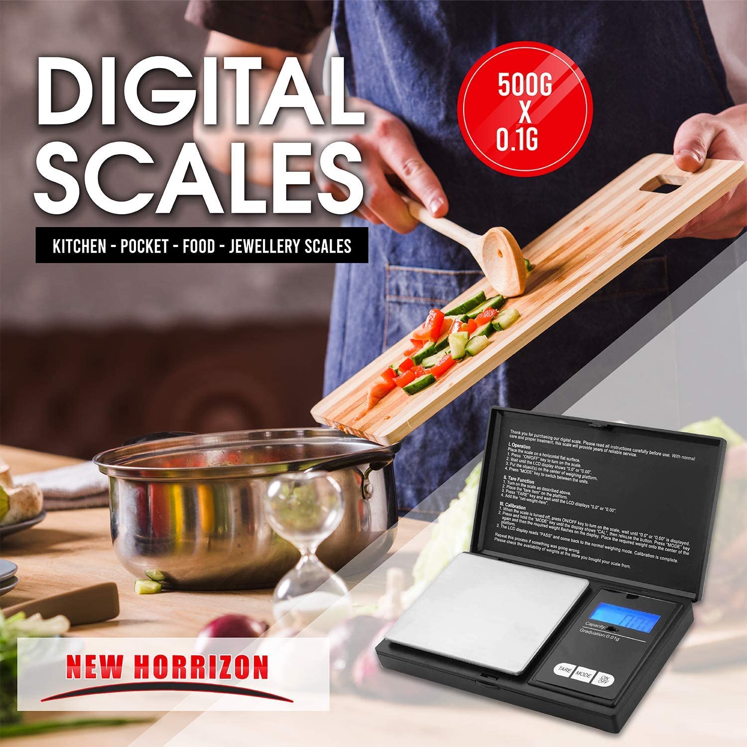 New Horrizon Digital Scales, Kitchen Scales Digital, Pocket Scales, 0.01g x 500g, Food Scale LCD Display - Image 2