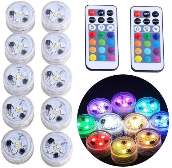 10pcs Submersible LED Lights Tea Lights Candle, RGBW Color Changing with Remote, CR2450 Battery Operated, Waterproof for Pond, Fountain, Paper Lantern, Wedding Party Table Centerpieces