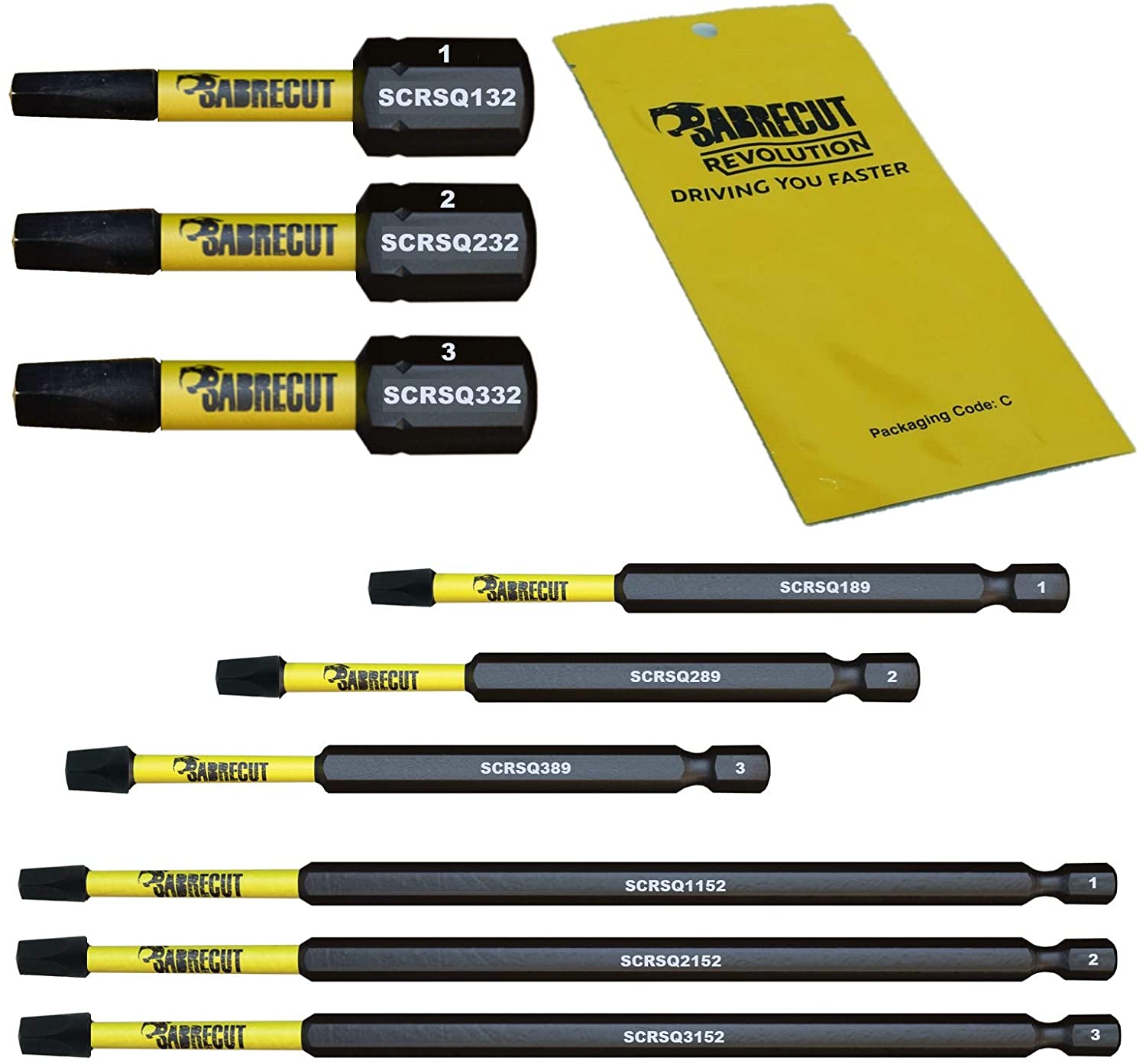 9 x SabreCut SCRK9SQ 32mm 89mm 152mm SQ1 SQ2 SQ3 Square Magnetic Impact Screwdriver Driver Bits Set Heavy Duty