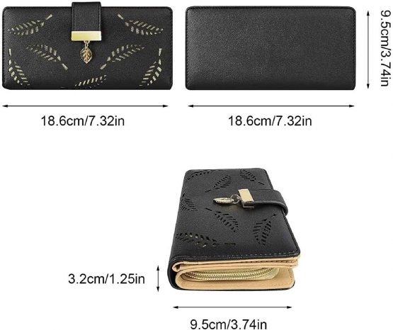 Molylove Women's Leather Wallet Purse Hollow Leaf Pattern Zipper Handbag Button Clutch Bag (Apricot) - Image 3