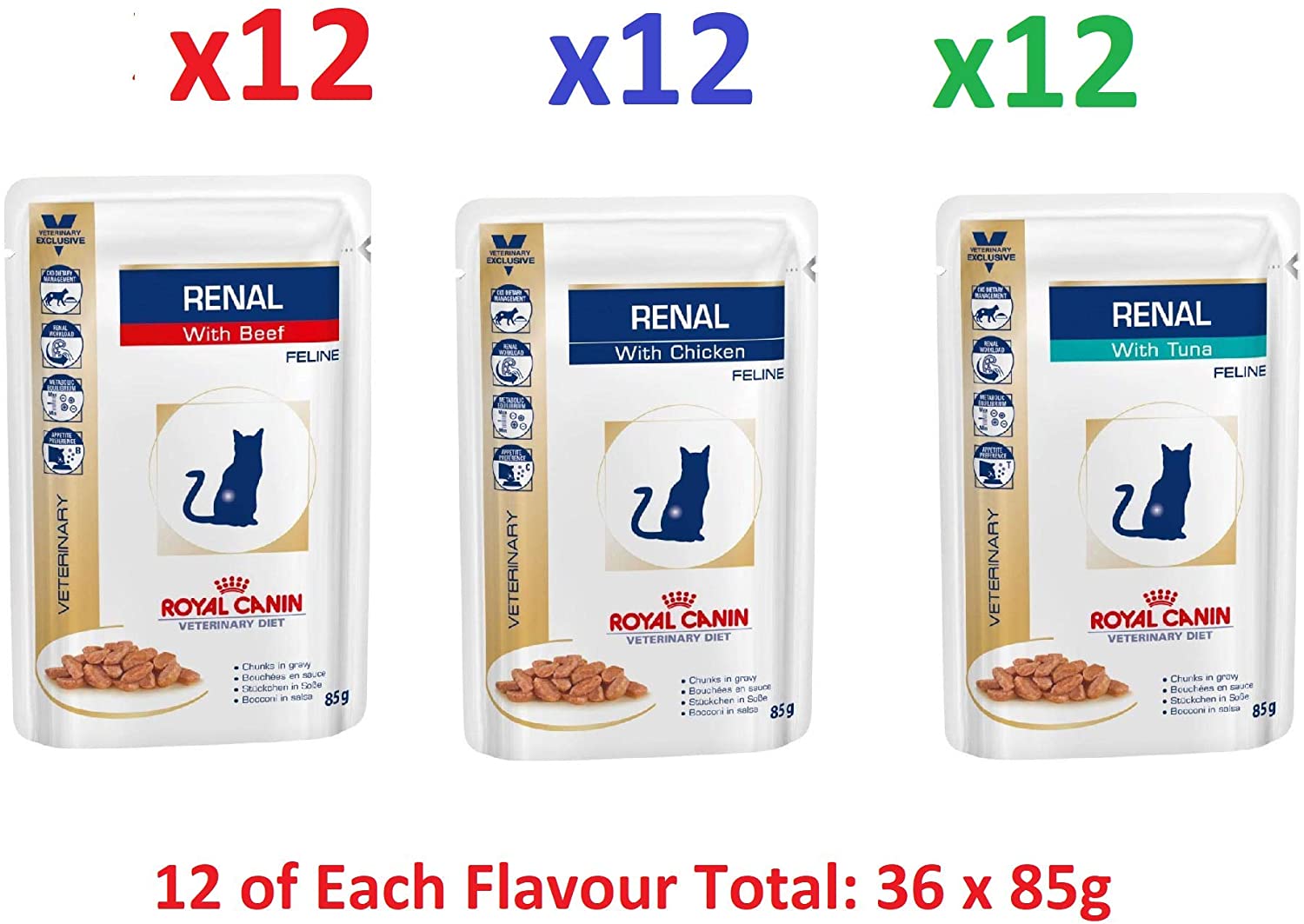 Royal Canin Renal Cat Food Wet Veterinary 3 Box of Chicken Beef Fish