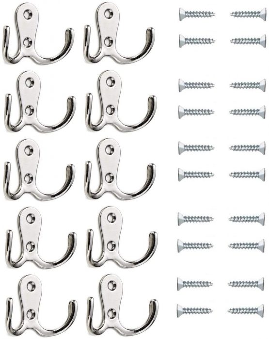 Beilala 10 Pack Coat Hooks Door Wall, Double Robe Hooks Chrome Metal Clothes Hangers for Bedroom Bathroom Kitchen Office Closets (Silver)