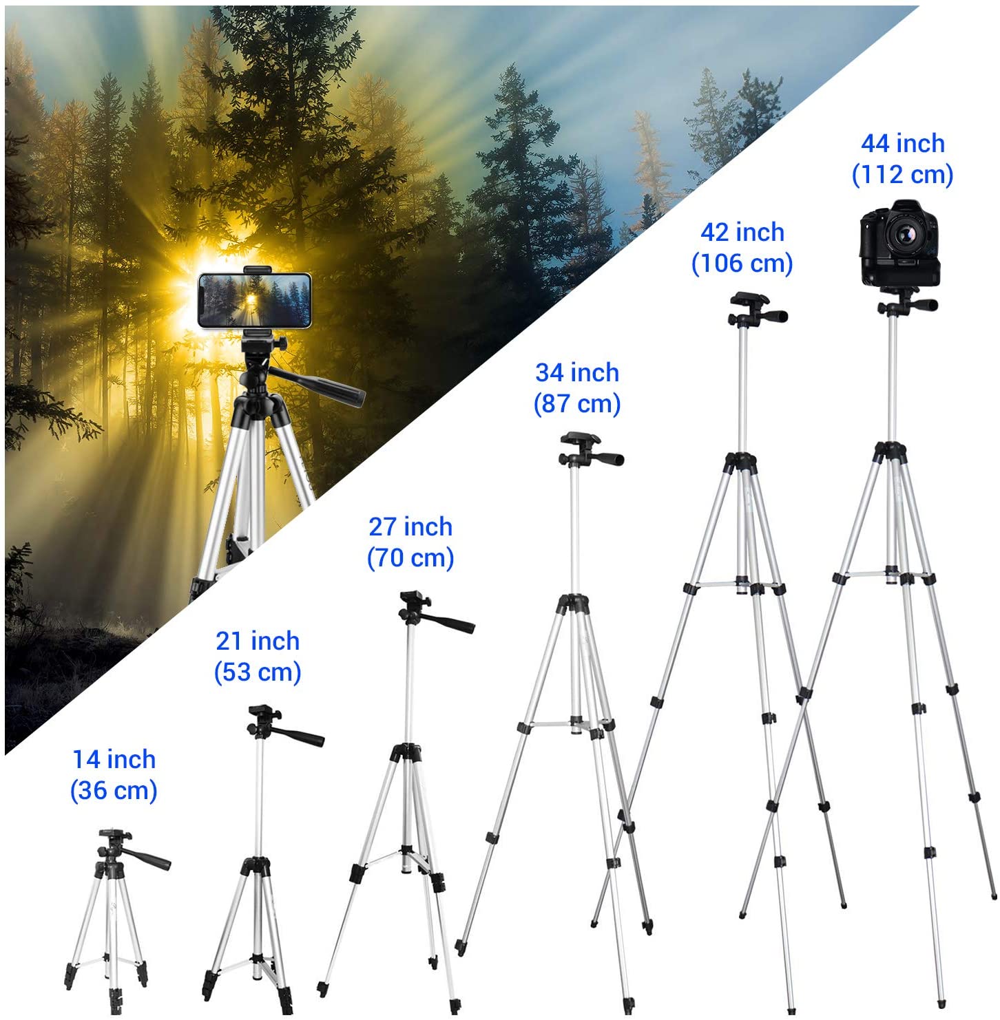 Phone Tripod,LINKCOOL 42" Aluminum Lightweight Portable Camera Tripod for iPhone/Samsung/Smartphone/Action Camera/DSLR Camera with Phone Holder & Wireless Bluetooth Control Remote (Silver) - Image 4