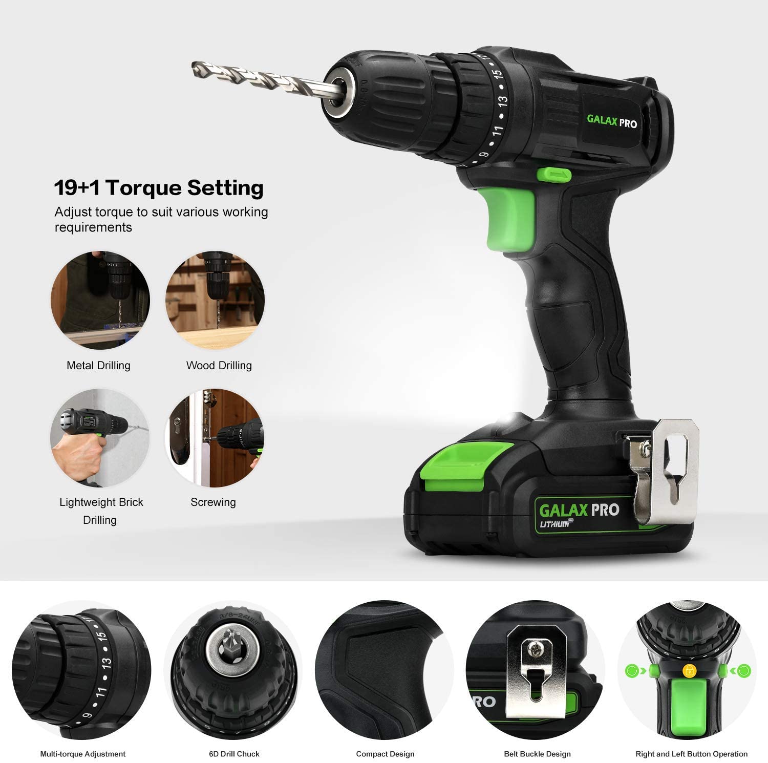 GALAX PRO Cordless Power Tool Kit, 20N.m Single Speed Drill Driver 20V