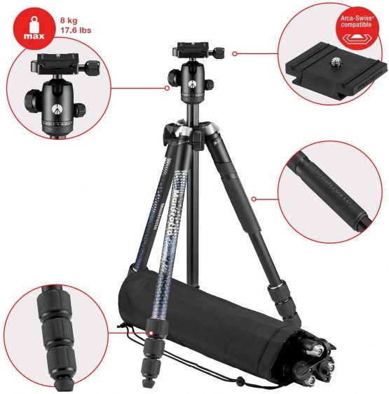 Manfrotto Element MII Camera Tripod, Travel Tripod in Aluminium with Ball Head and Carrying Bag, for Compact Cameras, CSC, DSLR, Photography Accessories for Content Creation and Vlogging