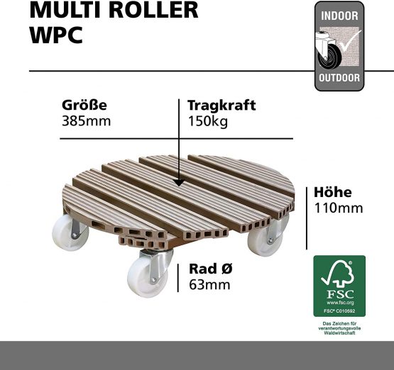 WAGNER Plant trolley WPC Ø 38,5 x 11 cm I Flower trolley for indoor + outdoor use I Container trolley made of FSC® wood plastic composite, taupe I Load capacity 150 kg - 20055601 - Image 4