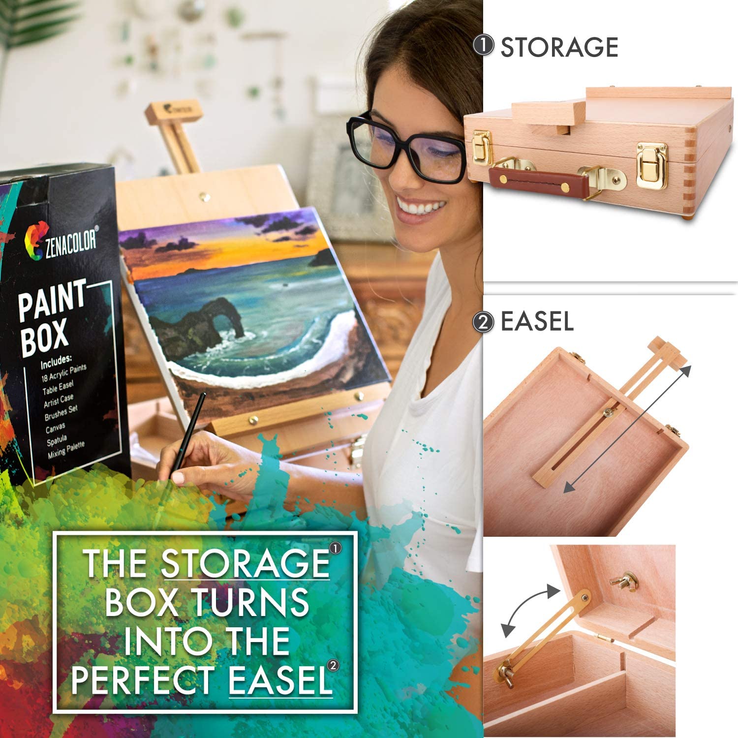 Acrylic Paint Set for Artists, with Box, Wood Easel, 24 Tubes of Acrylic Paints, 6 Paintbrushes, Blank Canvas, Spatula - Image 3