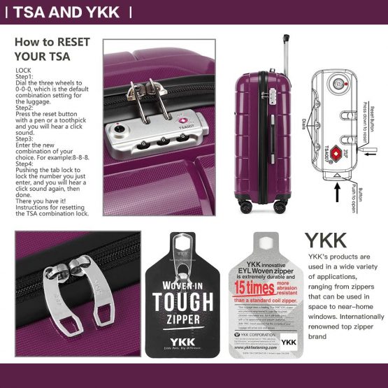 Kono Hard Shell 55cm Cabin Hand Luggage in TSA Lock 4 Wheeled Spinner Lightweight Polypropylene Suitcase with YKK Zipper (S (55cm - 38L), Purple) - Image 2