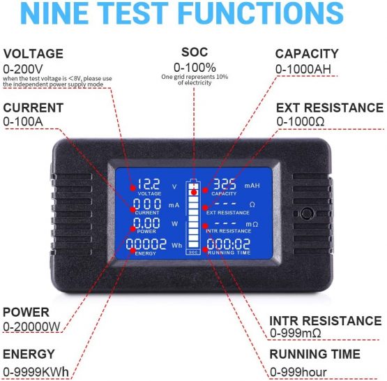 MICTUNING LCD Display DC Battery Monitor Meter 0-200V Voltmeter Ammeter for Cars RV Solar System - Image 2