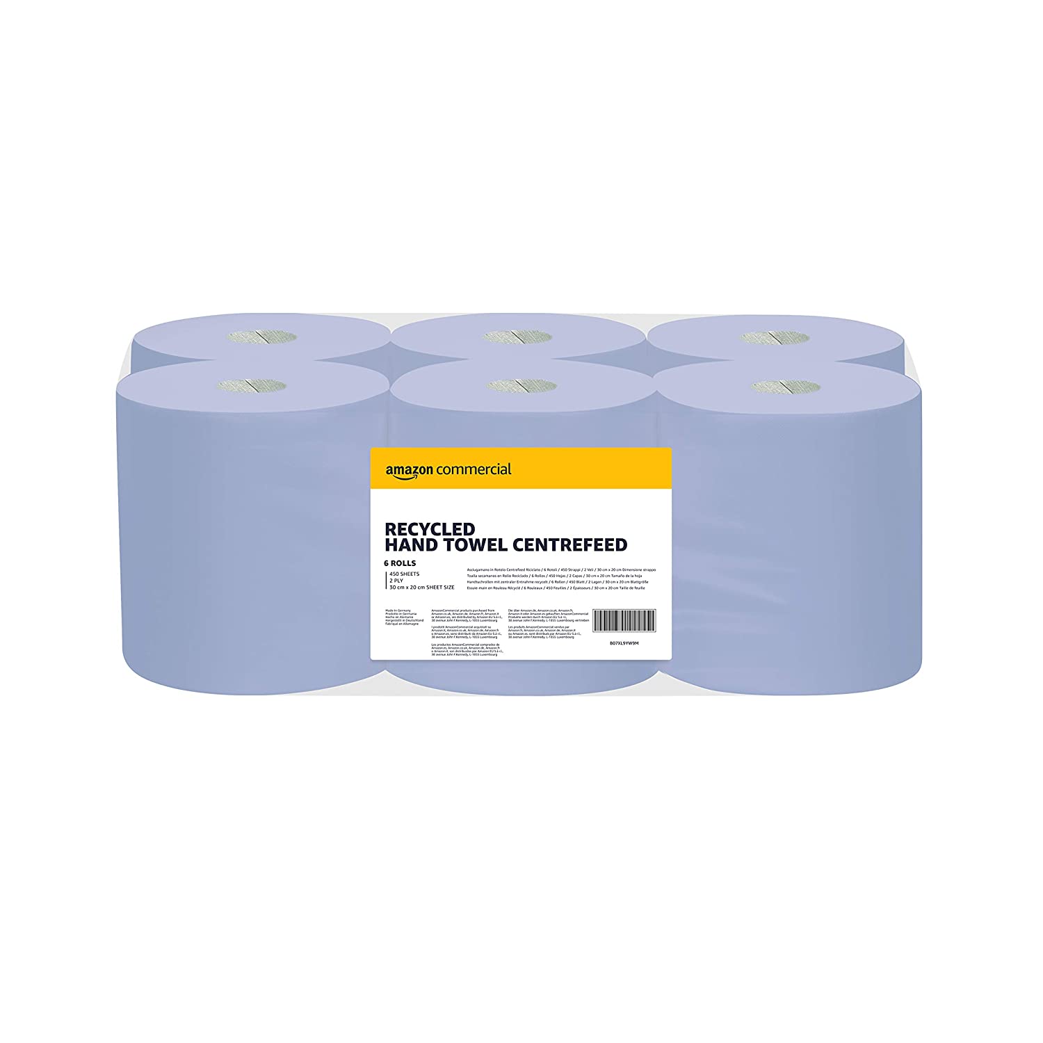 AmazonCommercial Multipurpose Wiping Paper, 2-ply Centrefeed, Blue Roll Recycled, 6 Rolls (1 pack), 450 Sheets per Roll