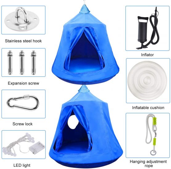 MIMIEYES Hammock Swing Waterproof Hanging Tent with LED Lights Maximum Load 330 lbs (blue) - Image 4