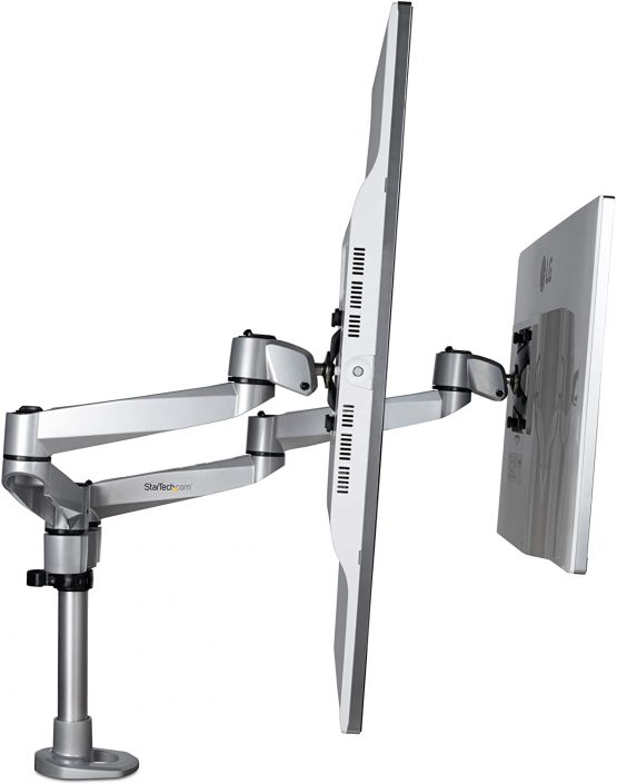 StarTech Desk Mount Dual Monitor Arm – Premium Articulating Multi-Monitor Desktop VESA Mount up to 27” Displays – Adjustable Height/Rotating/Swivel/Tilt - Desk Clamp/Grommet - Silver (ARMDUALPS) - Image 3