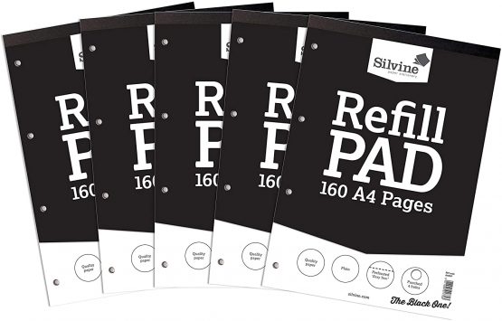 Silvine 160 Page A4 Refill Pad, Head Bound and Punched 4 Holes. Plain White Pages [Pack of 5]