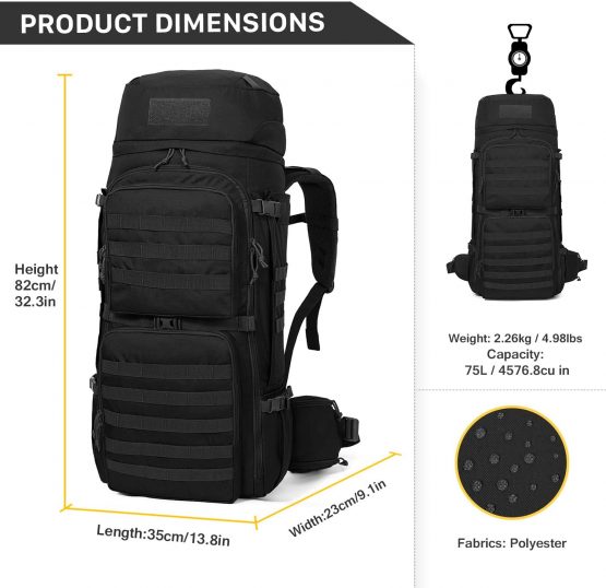 Mardingtop 55/75L Tactical Backpack Large Hiking Camping Military Rucksack Patrol Pack with Rain Cover for Outdoor Trekking Mountaineering Hunting - Image 2